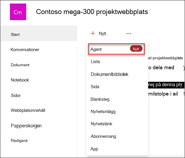 Skärmbilden av att skapa en ny copilot-agent från webbplatsens startsida