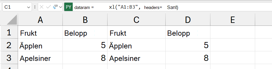 DataFrame-innehållet returneras som Excel-värden.