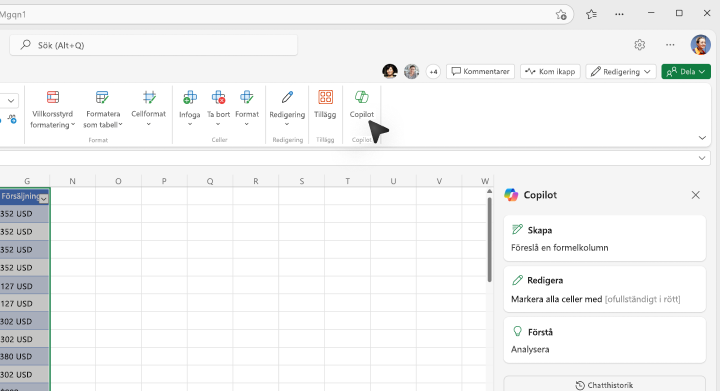 Skärmbild av var du väljer knappen Copilot i menyfliksområdet i Excel.