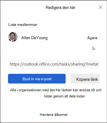 Du kan välja att bjuda in via e-post eller kopiera länk för att dela listan med andra.