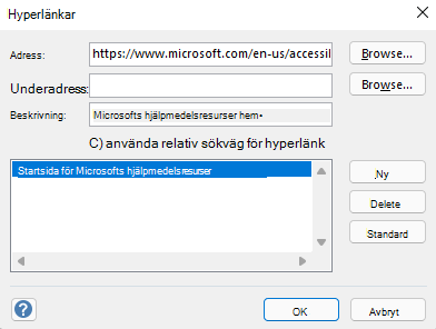 Dialogrutan Hyperlänkar i Visio för Windows.