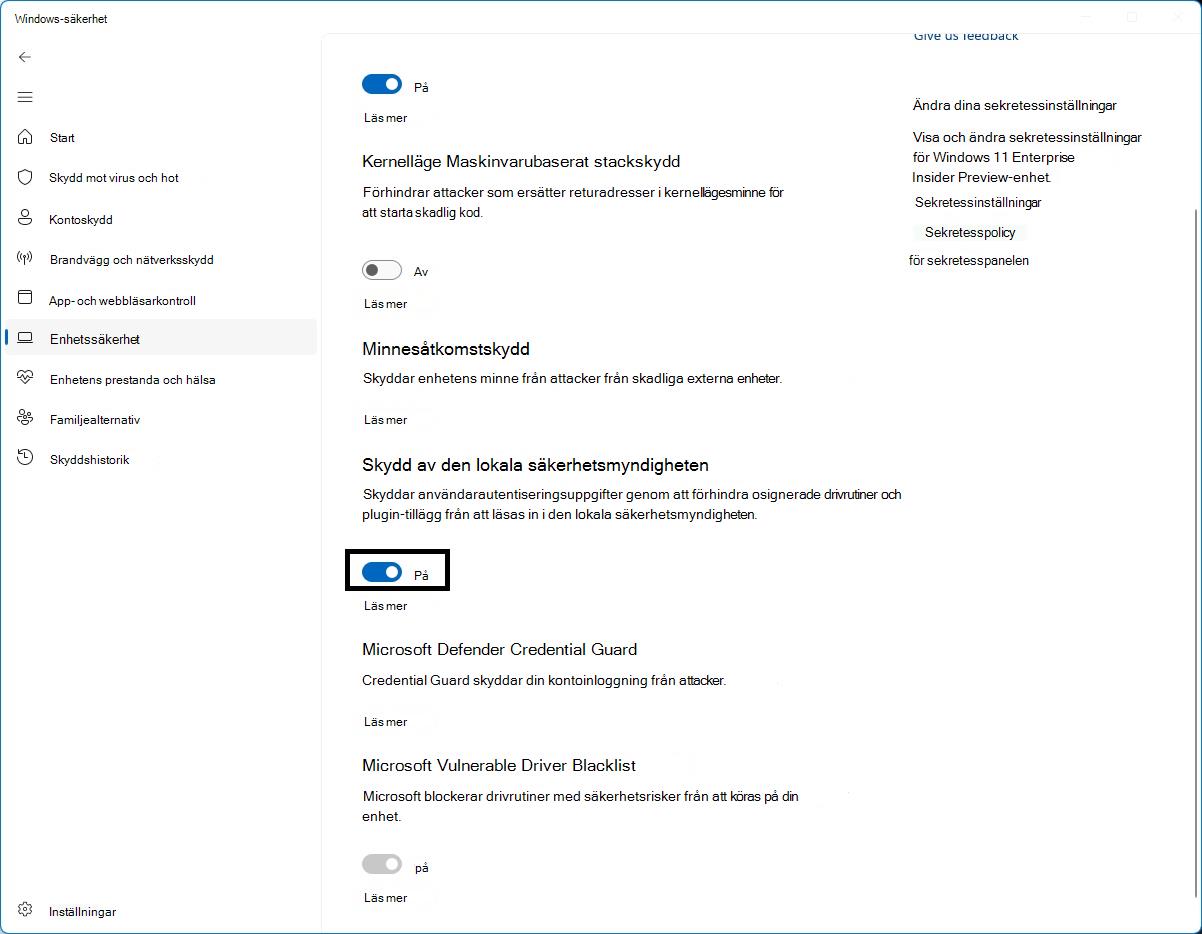 Kontroll för LSA-skydd på sidan Kärnisolering i Windows-säkerhetsappen