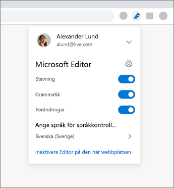 Tillägg i Microsoft Editor som visar rullgardinsmenyn från en webbläsare med alternativ för att växla mellan på och av