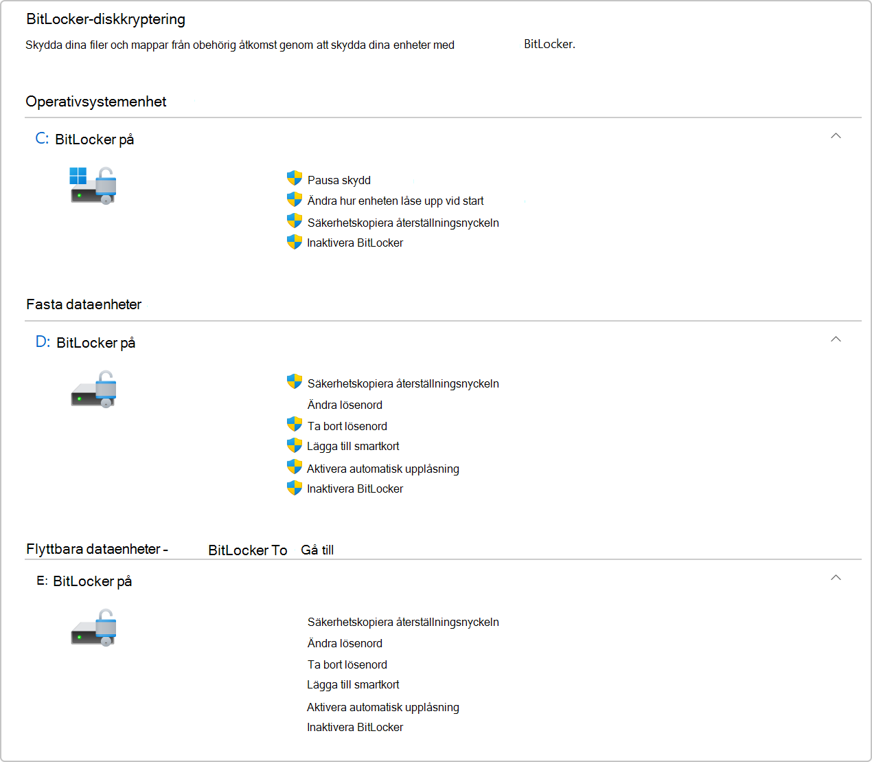 Skärmbild av BitLocker-diskkryptering på Kontrollpanelen.