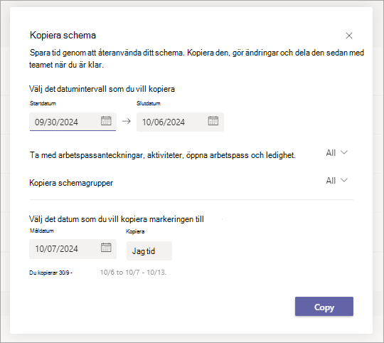 Skärmbild av dialogrutan Kopiera schema i Arbetspass med alternativ för att kopiera ett schema.