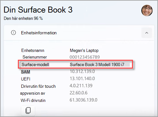 Hitta modellnamnet på din Surface-enhet i Surface-appen.