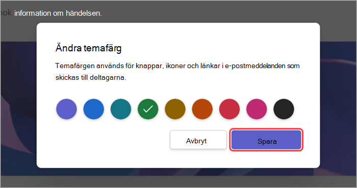 Skärmbild av markerat gränssnitt som visar hur du ändrar temafärgen för ett allmänt möte