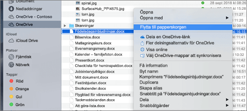 Högerklicka på menyalternativet för att ta bort en fil från OneDrive i Mac Finder