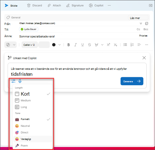 Längd- och tonalternativ att välja när du skapar e-postmeddelanden i Outlook med Copilot