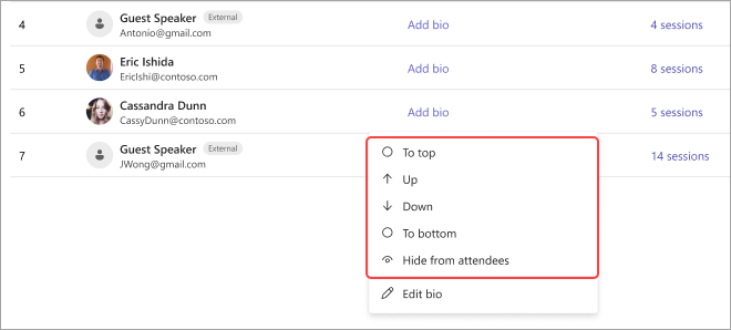 En skärmbild av Ett Teams-möte som visar deltagarlistan och alternativ för att justera deras positioner: upp, upp, ned, ned eller dölja.