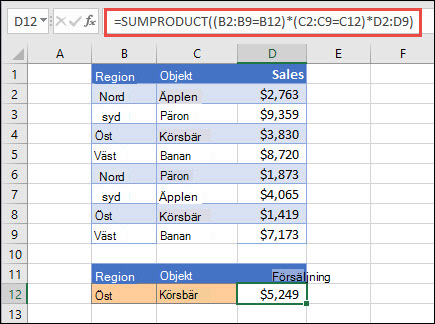 Exempel på hur DU använder PRODUKTSUMMA för att returnera summan av objekt per region. I det här fallet har antalet körsbär sålts i regionen Öst.