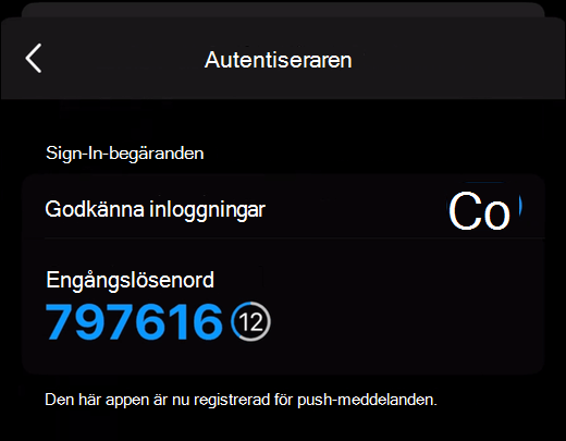 Ett engångslösenord som visas på fliken Authenticator i Outlook Mobile