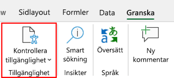 Delningsknappen Kontrollera tillgänglighet i Excel för Windows.