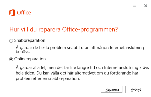 Dialogrutan Reparera Office vid reparation av OneDrive för företags synkroniseringsapp
