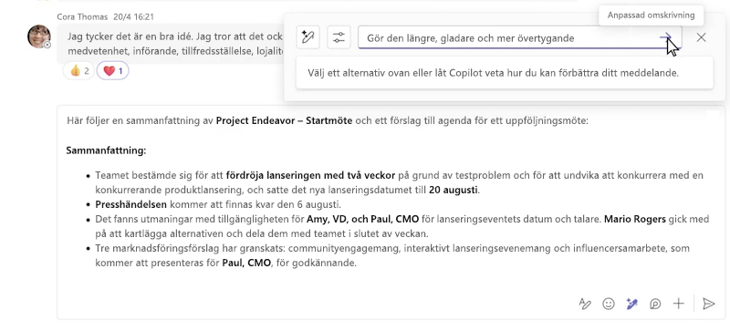 Anpassad omskrivning av ett meddelande med Copilot i Microsoft Teams-chatten.