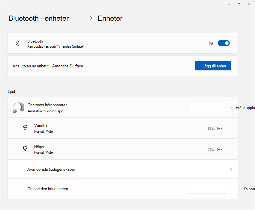 Skärmbild av Inställningar > Bluetooth-&-enheter med information om hörapparater.