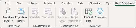 Data Streamer-tillägg i menyfliksområdet i Excel