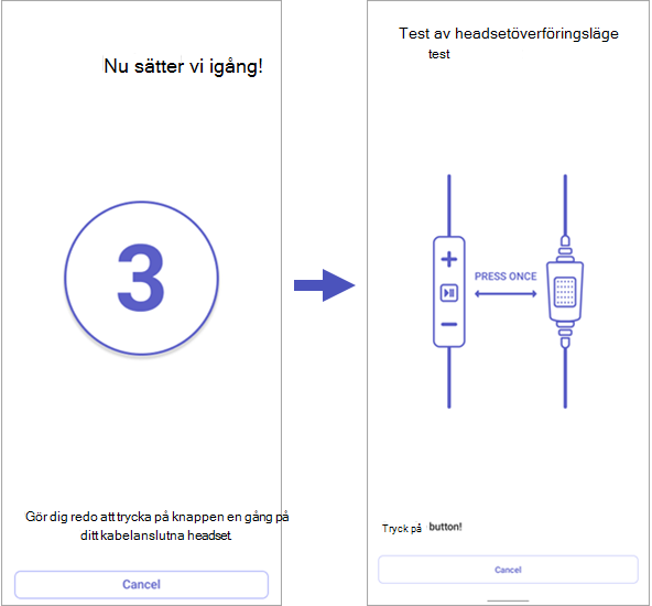 Skärmbild som visar testnedräkning av walkie-talkie-headsetets överföringsläge