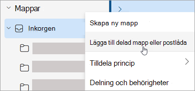 Skärmbild som visar markering för Lägg till delad mapp eller postlåda