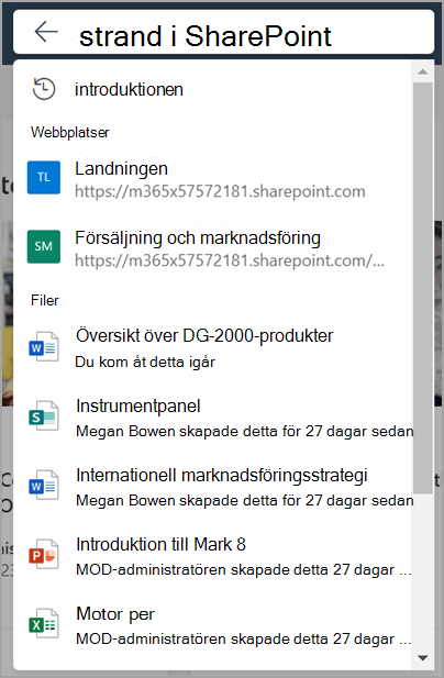 Microsoft SharePoint-sökrutan med expanderad listruta när fokus är på sökrutan.
