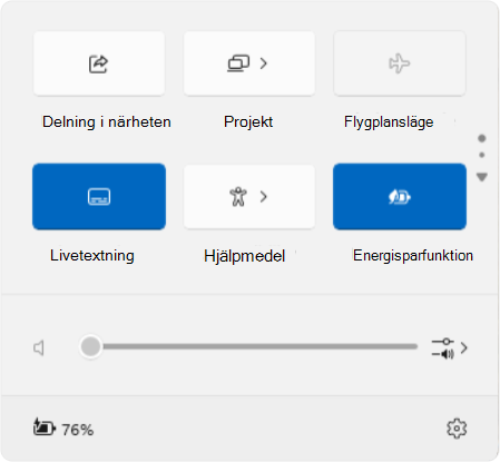 Skärmbild av snabbinställningar som visar Live bildtext- och rullningselement.