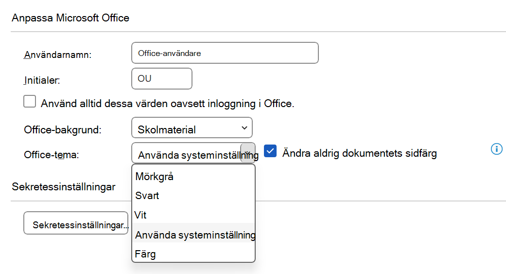 Listrutealternativet för Office-tema expanderade i dialogrutan Alternativ.