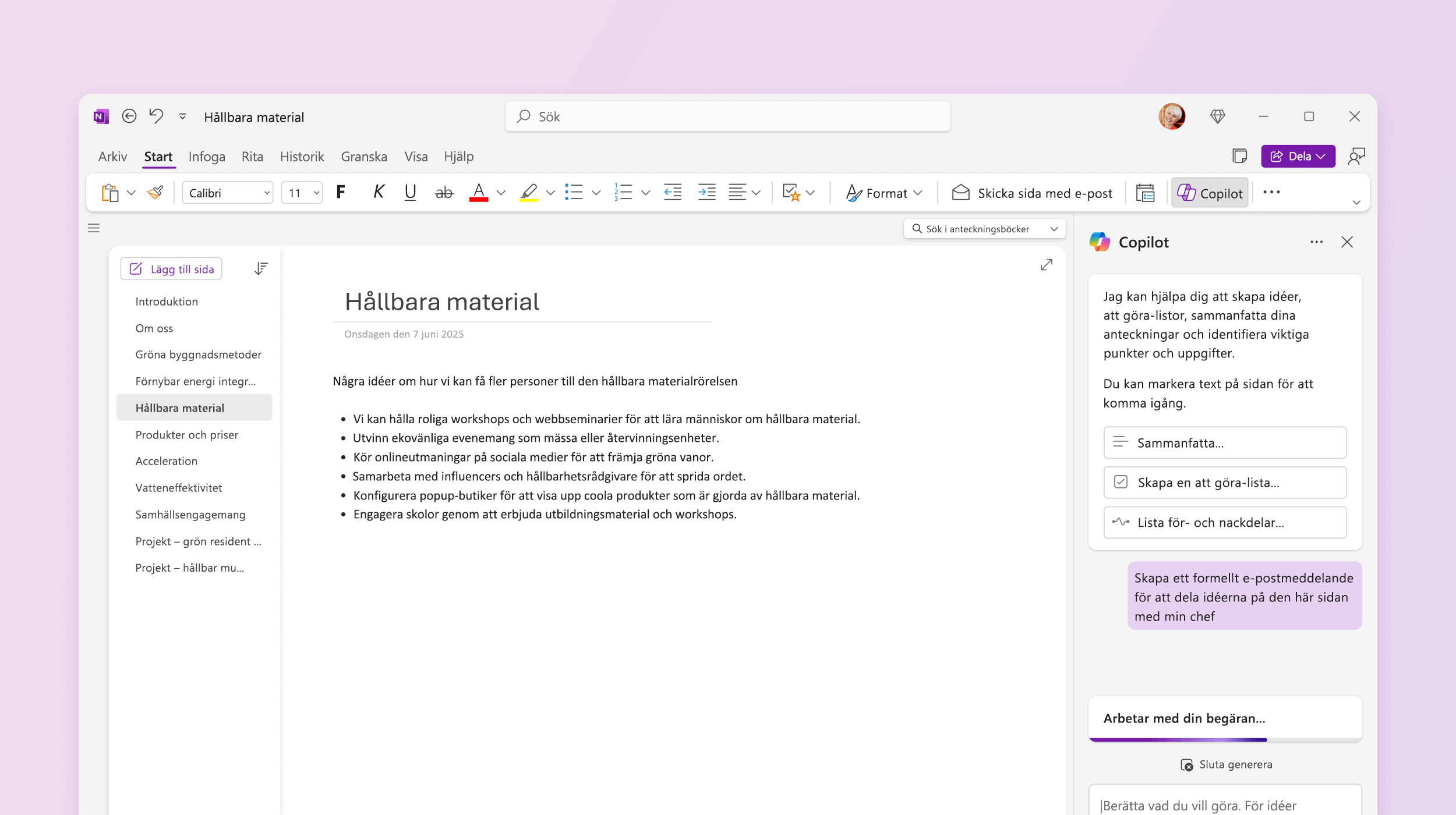 Skärmbild som visar Copilot i OneNote som skapar ett utkast till en plan.