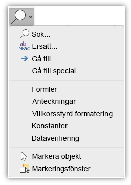 Skärmbild som visar menyn Sök och markera som har lagts till på fliken Start i menyfliksområdet.