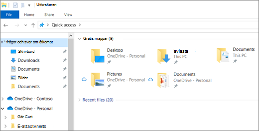Utforskaren i Windows 10 med mapparna Skrivbord, Dokument och Bilder i OneDrive
