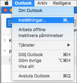 Outlook-menyn med Inställningar markerat