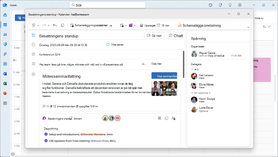 Skärmbild som visar en sammanfattning av ett Teams-möte i Outlook.