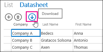 Åtgärdsknappen Hämta i databladsvyn i Excel