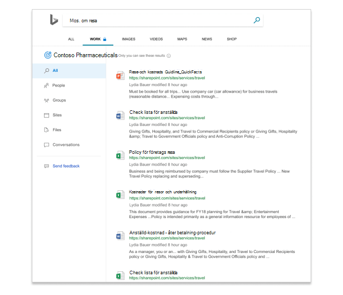Sökresultat i Microsoft Search i Bing som visar filer inom ett företag.
