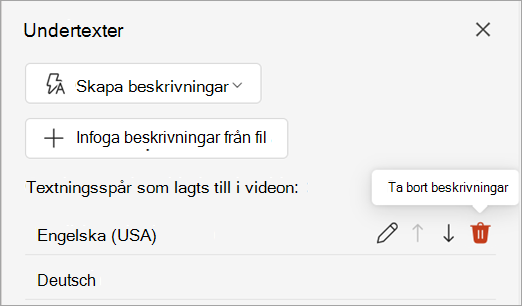 Knappen Ta bort beskrivningar för ett textningsspår i fönstret Bildtexter.