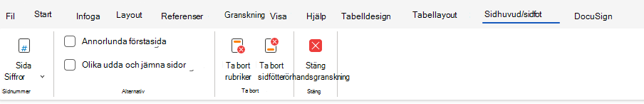 Alternativ för sidhuvud och sidfot i menyfliksområdet