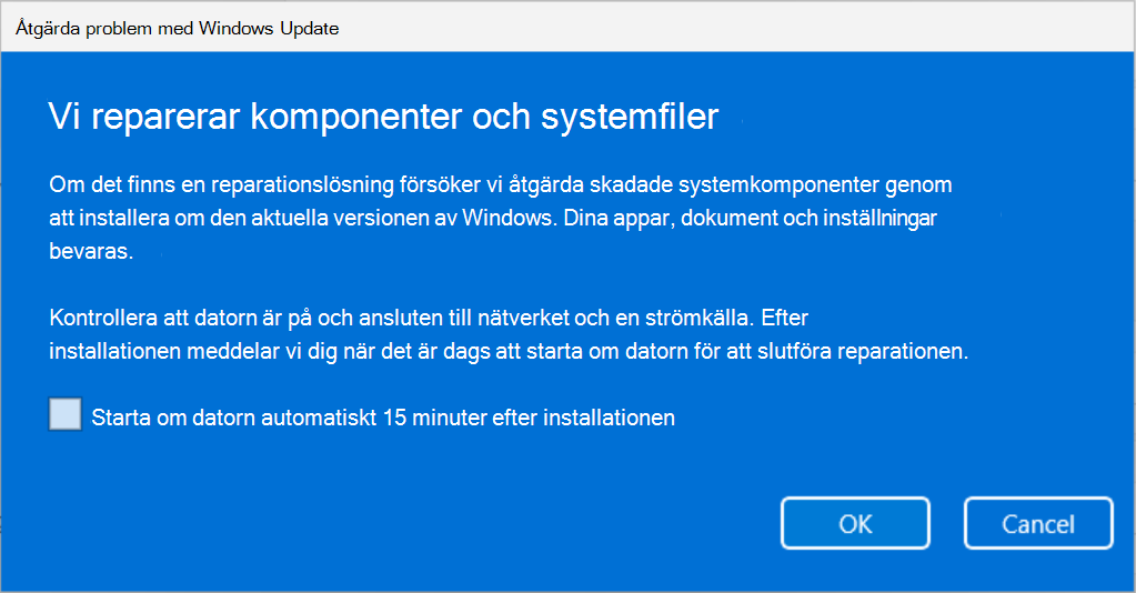 Skärmbild av Åtgärda problem med Windows Update som förklarar att komponenter och systemfiler kommer att repareras med Windows Update.