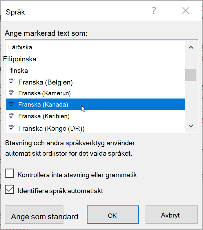 Skärmbild från Word. Popup-fönster visar språk som kan väljas. "Identifiera språk automatiskt" är markerat. 