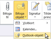 Kommandot Bifoga Outlook-objekt i menyfliksområdet