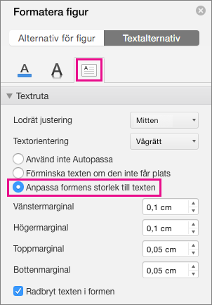 Anpassa textstorlek till figur är markerat i fönstret Formatera figur.