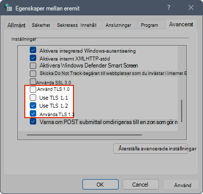 Skärmbild som visar TLS-inställningar i Internetegenskaper