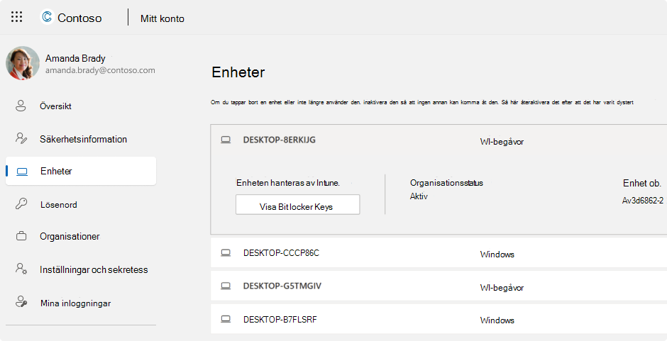 Skärmbild av BitLocker-återställningsnycklarna för ett arbets- eller skolkonto.