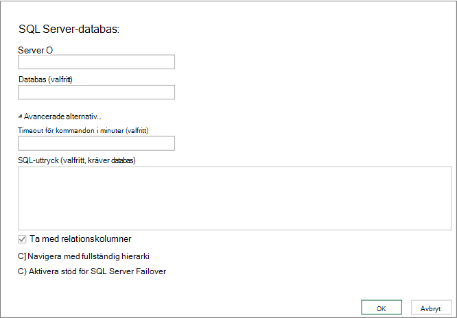 Dialogrutan SQL Server-databas