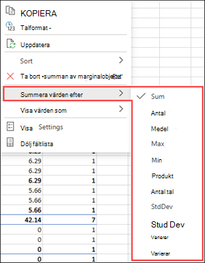 Summera efter i Excel för webben