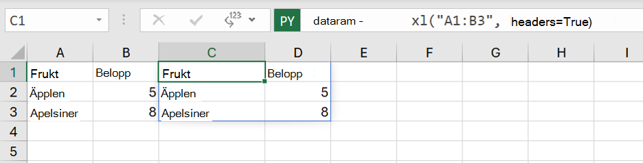 En Python i Excel DataFrame returneras som Excel-värden.