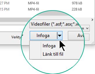I dialogrutan Infoga Video väljer du mellan Infoga (vilket betyder ”bädda in”) eller Länka till fil.