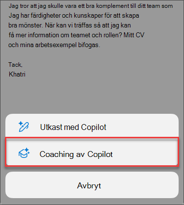 Menyalternativ för Coaching av Copilot i Outlook för mobilen
