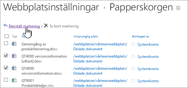 SharePoint 2013 2: a nivåns papperskorg med återställningsknappen markerad