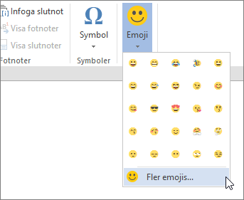 Klicka på fler emojier på emojier-knappen på fliken Infoga om du vill välja från alla tillgängliga emojier.
