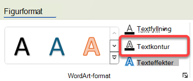 Om du vill ändra kantlinjen för WordArt markerar du den och väljer Textkontur på fliken Figurformat.