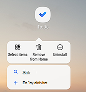 Skärmbild som visar Android-snabbmenyn med alternativ: Markera objekt, Ta bort från startsidan, Avinstallera, Sök och Lägg till ny uppgift